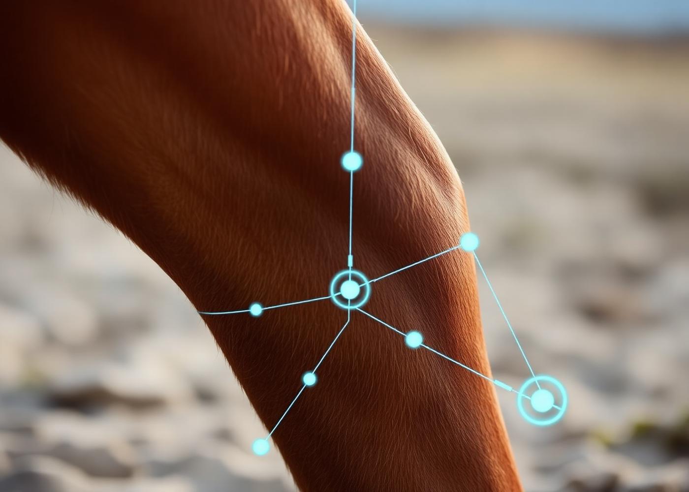 Dettaglio tecnico di un arto di cavallo con overlay di nodi e linee di rete neurale